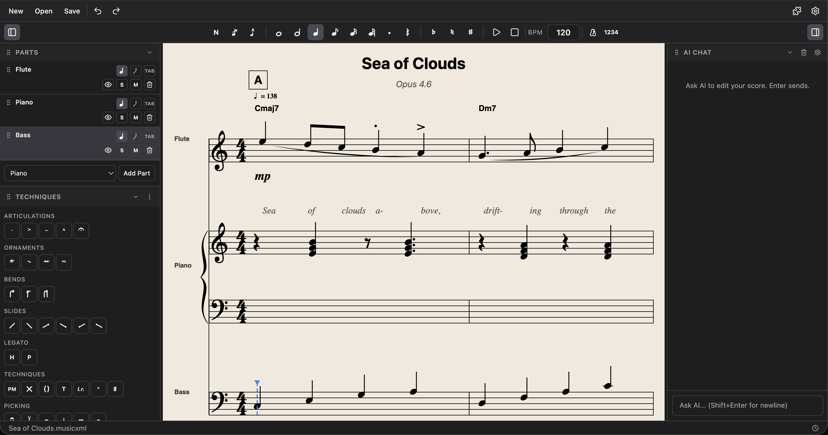 Nubium music notation editor showing a score called Sea of Clouds